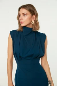 TRENDYOLMİLLA Petrol Blue Blue Blue Bodycon Dog collar Midi Pencil Skirt Weaving Dress - Image 13
