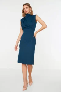 TRENDYOLMİLLA Petrol Blue Blue Blue Bodycon Dog collar Midi Pencil Skirt Weaving Dress - Image 15