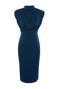 TRENDYOLMİLLA Petrol Blue Blue Blue Bodycon Dog collar Midi Pencil Skirt Weaving Dress - Image 19