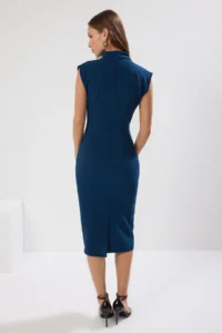 TRENDYOLMİLLA Petrol Blue Blue Blue Bodycon Dog collar Midi Pencil Skirt Weaving Dress - Image 4