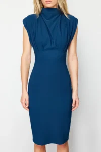 TRENDYOLMİLLA Petrol Blue Blue Blue Bodycon Dog collar Midi Pencil Skirt Weaving Dress - Image 9