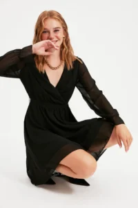 TRENDYOLMİLLA Black Belted Double breasted Siphon Flight Flight Weaving Dress - Image 9