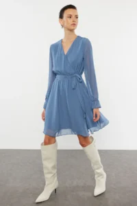 TRENDYOLMİLLA Indigo Belted Plain Mini Belted Double breasted  Weaving Dress - Image 2