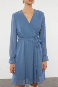 TRENDYOLMİLLA Indigo Belted Plain Mini Belted Double breasted  Weaving Dress - Image 3