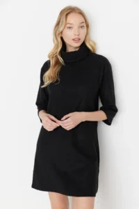 TRENDYOLMİLLA Black Turtleneck shift/Plain Mini Thessaloniki Long Sleeve Knitting Dress - Image 2