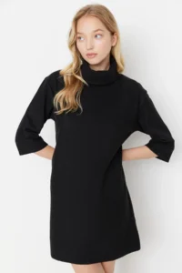 TRENDYOLMİLLA Black Turtleneck shift/Plain Mini Thessaloniki Long Sleeve Knitting Dress - Image 3