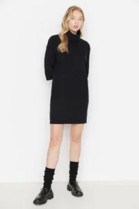 TRENDYOLMİLLA Black Turtleneck shift/Plain Mini Thessaloniki Long Sleeve Knitting Dress - Image 5