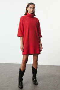 TRENDYOLMİLLA Rejection Turtleneck shift/Plain Mini Thessaloniki Long Sleeve Knitting Dress