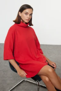 TRENDYOLMİLLA Rejection Turtleneck shift/Plain Mini Thessaloniki Long Sleeve Knitting Dress - Image 2