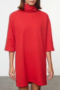 TRENDYOLMİLLA Rejection Turtleneck shift/Plain Mini Thessaloniki Long Sleeve Knitting Dress - Image 3