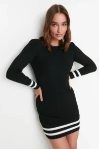 TRENDYOLMİLLA Black Mini Knitwear Skirt Ucu Striped Dress