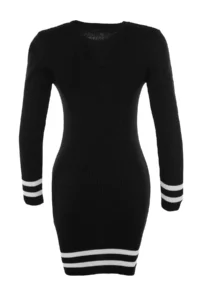 TRENDYOLMİLLA Black Mini Knitwear Skirt Ucu Striped Dress - Image 8