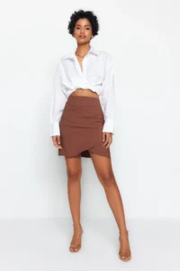 TRENDYOLMiLLA Dark Brown Gather Detailed Double breasted Mini Weaving Skirt - Image 3