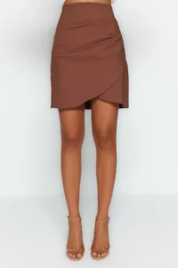 TRENDYOLMiLLA Dark Brown Gather Detailed Double breasted Mini Weaving Skirt - Image 5