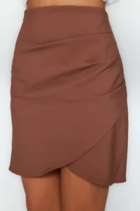 TRENDYOLMiLLA Dark Brown Gather Detailed Double breasted Mini Weaving Skirt - Image 6