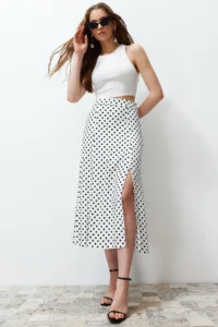 TRENDYOLMiLLA Ecru Polka Dot Slit Detailed Viscose Midi Weaving Skirt - Image 2