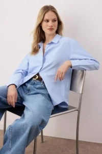 TRENDYOLMİLLA Mavi Loose Fit Cotton Weaving Shirt