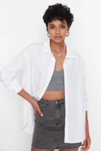 TRENDYOLMİLLA White Loose Fit Cotton Weaving Shirt