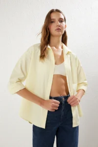 TRENDYOLMİLLA Yellow Loose Fit Cotton Weaving Shirt