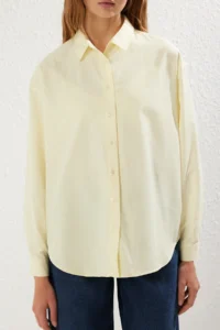 TRENDYOLMİLLA Yellow Loose Fit Cotton Weaving Shirt - Image 3