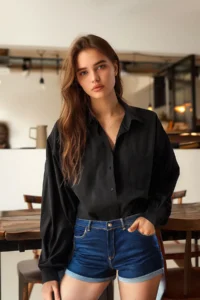 TRENDYOLMİLLA Black Tek with pocket Boyfriend/Wide Pattern Cotton Weaving Shirt - Image 5
