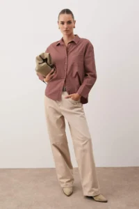 TRENDYOLMİLLA Brown Tek with pocket Boyfriend/Wide Pattern Cotton Weaving Shirt