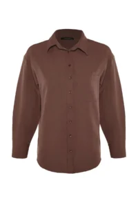 TRENDYOLMİLLA Brown Tek with pocket Boyfriend/Wide Pattern Cotton Weaving Shirt - Image 11