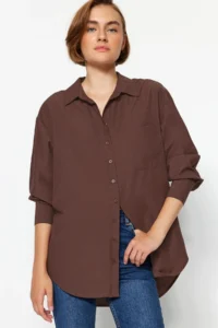 TRENDYOLMİLLA Brown Tek with pocket Boyfriend/Wide Pattern Cotton Weaving Shirt - Image 8