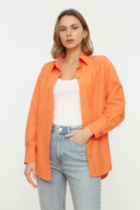 TRENDYOLMİLLA Orange Tek with pocket Boyfriend/Wide Pattern Cotton Weaving Shirt