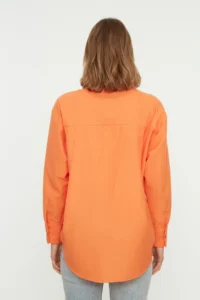 TRENDYOLMİLLA Orange Tek with pocket Boyfriend/Wide Pattern Cotton Weaving Shirt - Image 7