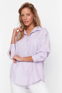TRENDYOLMİLLA Lilac Tek with pocket Boyfriend Wide Pattern Cotton Weaving Shirt - Image 2