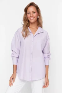 TRENDYOLMİLLA Lilac Tek with pocket Boyfriend Wide Pattern Cotton Weaving Shirt - Image 3