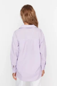 TRENDYOLMİLLA Lilac Tek with pocket Boyfriend Wide Pattern Cotton Weaving Shirt - Image 5