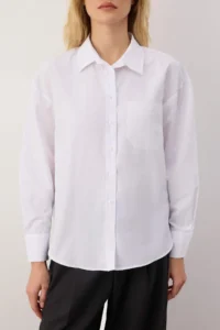 TRENDYOLMİLLA White Tek with pocket Boyfriend/Wide Pattern Cotton Weaving Shirt - Image 3