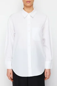 TRENDYOLMİLLA White Tek with pocket Boyfriend/Wide Pattern Cotton Weaving Shirt - Image 8