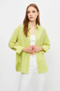 TRENDYOLMİLLA Yellow Tek with pocket Boyfriend/Wide Pattern Cotton Weaving Shirt - Image 4