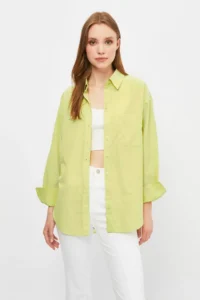 TRENDYOLMİLLA Yellow Tek with pocket Boyfriend/Wide Pattern Cotton Weaving Shirt - Image 5