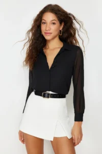 TRENDYOLMİLLA Black Sleeves Transparent Regular Normal Pattern Weaving Shirt - Image 2