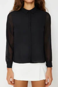 TRENDYOLMİLLA Black Sleeves Transparent Regular Normal Pattern Weaving Shirt - Image 5