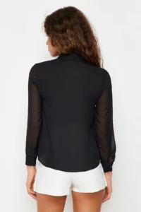 TRENDYOLMİLLA Black Sleeves Transparent Regular Normal Pattern Weaving Shirt - Image 6