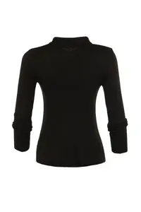 TRENDYOLMİLLA Black Mercerized Look Ribbed Polo Shirt Collar Knitwear Cardigan - Image 8