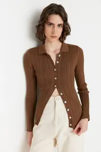 TRENDYOLMİLLA Brown Mercerized Look Ribbed Polo Shirt Collar Knitwear Cardigan - Image 2