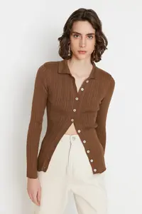 TRENDYOLMİLLA Brown Mercerized Look Ribbed Polo Shirt Collar Knitwear Cardigan - Image 3