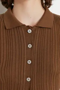 TRENDYOLMİLLA Brown Mercerized Look Ribbed Polo Shirt Collar Knitwear Cardigan - Image 4