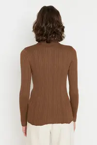 TRENDYOLMİLLA Brown Mercerized Look Ribbed Polo Shirt Collar Knitwear Cardigan - Image 5