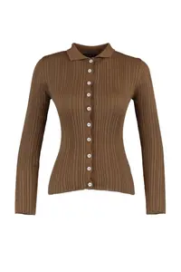 TRENDYOLMİLLA Brown Mercerized Look Ribbed Polo Shirt Collar Knitwear Cardigan - Image 6