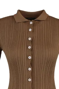 TRENDYOLMİLLA Brown Mercerized Look Ribbed Polo Shirt Collar Knitwear Cardigan - Image 7