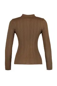 TRENDYOLMİLLA Brown Mercerized Look Ribbed Polo Shirt Collar Knitwear Cardigan - Image 8
