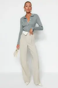 TRENDYOLMİLLA MINT Mercerized Look Ribbed Polo Shirt Collar Knitwear Cardigan - Image 2