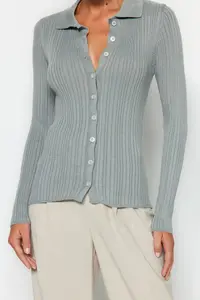 TRENDYOLMİLLA MINT Mercerized Look Ribbed Polo Shirt Collar Knitwear Cardigan - Image 3